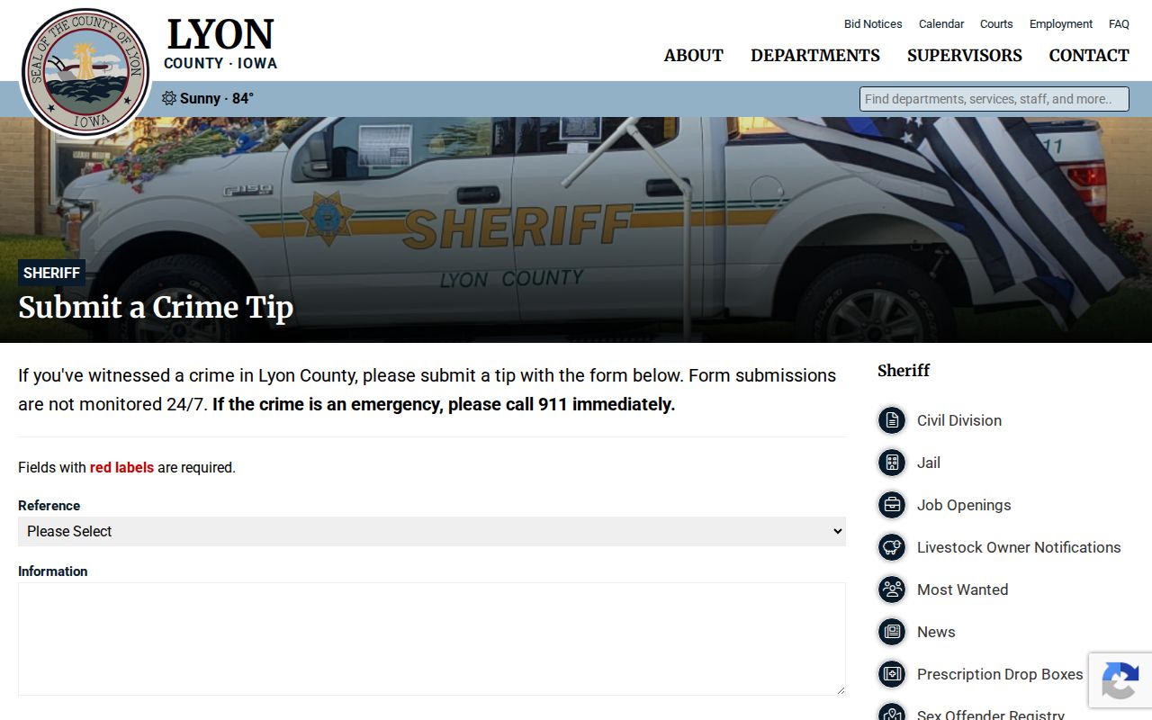Lyon County fugitive tip form and safety instructions